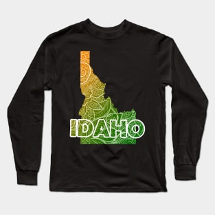 Colorful mandala art map of Idaho with text in green and orange Long Sleeve T-Shirt